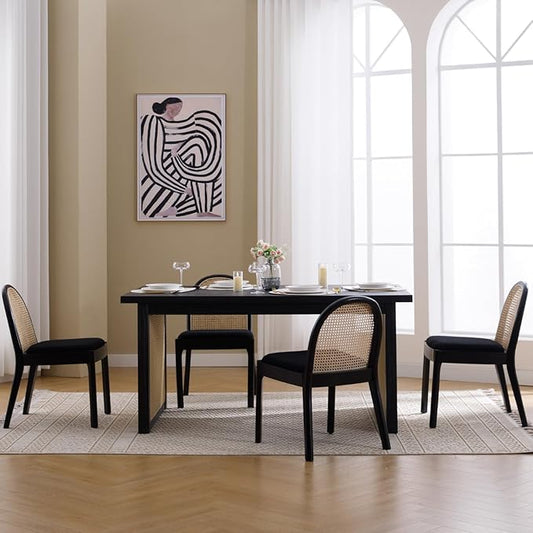 Mid Century Dining Chairs Set of 6, Rattan Sherpa Fabric Side Chairs Kitchen Chair with Solid Wooden Legs for Living Room Dining Room, Black