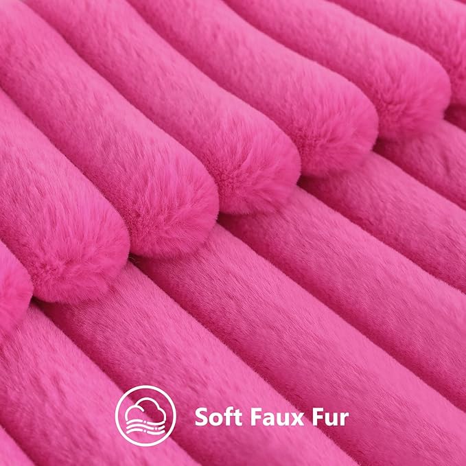decorUhome Faux Fur Throw Pillow Covers 22x22 Set of 2, Decorative Soft Plush Striped Neutral Euro Pillow Covers with Velvet Back for Bed, Living Room Home Decor, Hot Pink