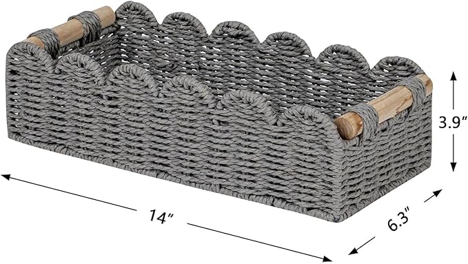 CubesLand Scalloped Edge Toilet Paper Storage Basket, Living Room Home Cozy Decor Basket, Paper Rope Small Baskets for Over Toilet Storage Shelf, Shelves, with 2 Wooden Handles, Grey