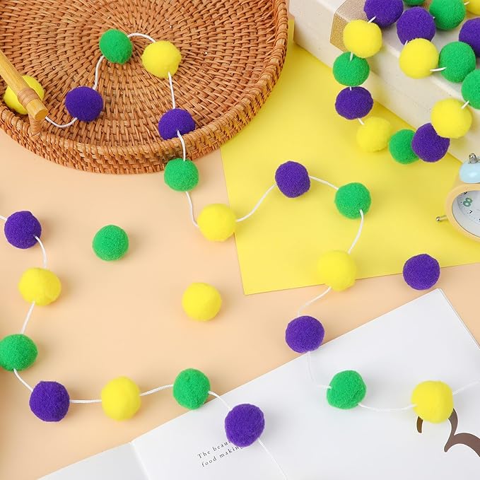 MARFOREVER 4 Pack 26.3 Feet Mardi Gras Decorations Mardi Gras Pom Pom Garland 30 Balls Yellow Green Purple Felt Garland Hanging Supplies for Mardi Gras Carnival Celebration Party Home Outdoor Decor