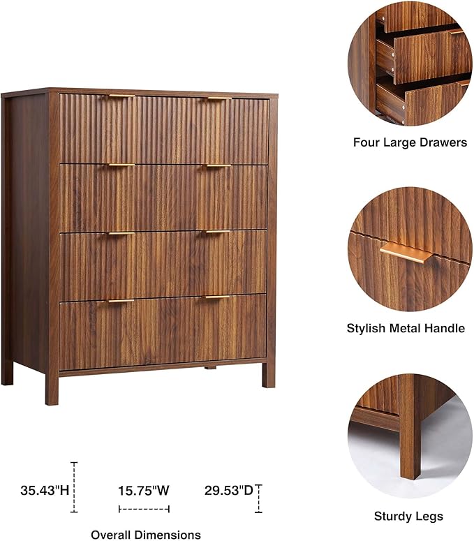 4 Drawer Dressers for Bedroom, Modern Closet Chest of Drawers with Waveform Fluted Panel, Large Wood Storage Dresser Organizer for Nursery Bedroom Living Room Hallway Closet, Walnut