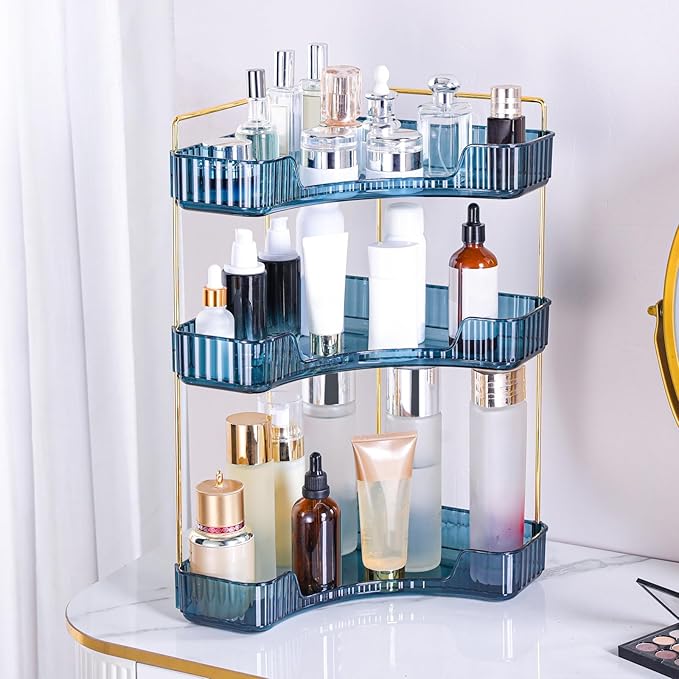 Corner Bathroom Counter Organizer Bathroom Countertop Shelf Makeup Organizer for Vanity Perfume Corner Storage (3 Tiers, Blue)