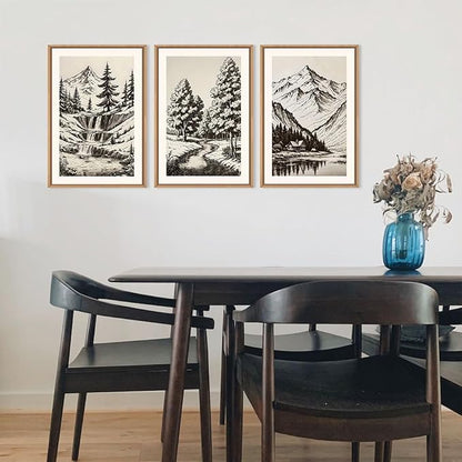 HOURIA Large Vintage Mountain Sketch Framed Canvas Wall Art Set,Modern Pine Tree Wall Decor, Natural Botanical Wall Painting,Retro Abstract Art Print for Living Room,Bedroom,Office- 16"x24"x3