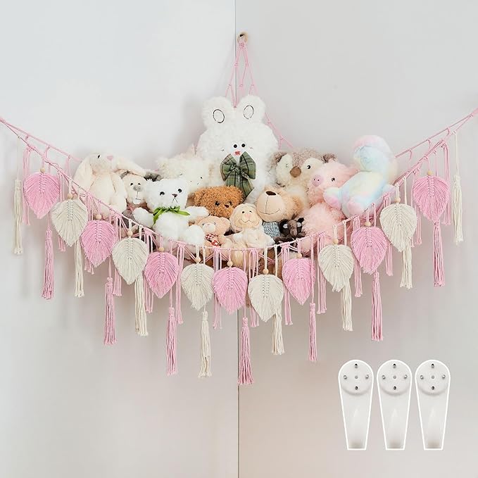 Pretty Jolly Stuffed Animal Storage with Hand Woven Leaf Tassels Hammock Corner Hanging Net Boho Macrame Plush Storage for Kid Room Nursery Wall Display Organizer for Girls Boy Gift(Light Pink)