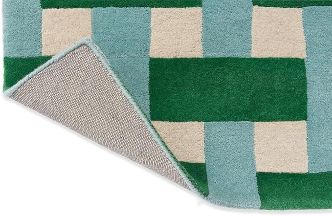 Emerald Green and Aquamarine Hand-Tufted Wool Area Rug 8x11 Ft – Modern Checkered Basketweave Carpet for Bedroom, Living Room, Nursery – Plush, Artistic, Durable