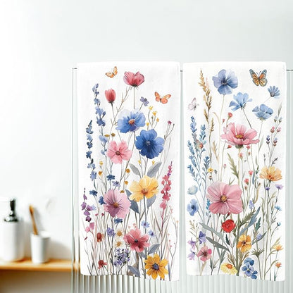 Watercolor Wildflower Kitchen Towels Set of 2 Absorbent Butterfly Dish Towels Housewarming Holiday Tabletop Decor Floral