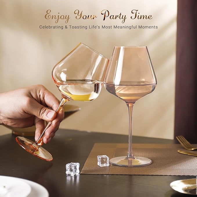 Physkoa Peach Burgundy Wine Glasses Set of 6 – Hand Blown Long Stem Wine Glasses, Lead-Free Crystal Goblets for Red & White Wine, Elegant Party Glassware for Home & Entertaining