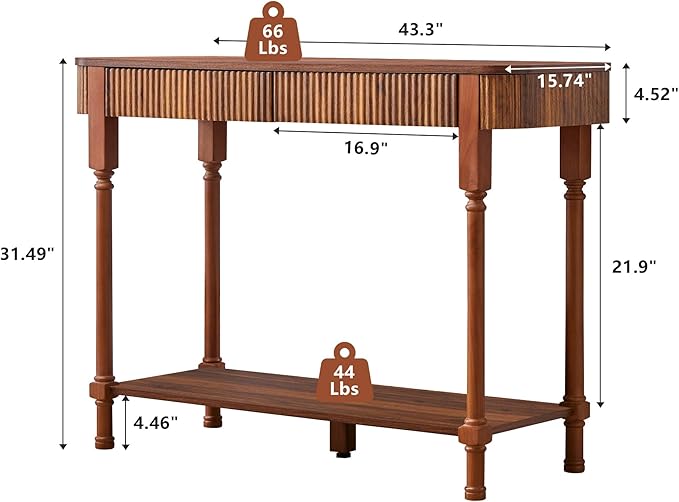 43.3'' Fluted Console Table for Entryway, Narrow Entryway Tables with 2 Wooden Drawers, Retro Sofa Table Behind Couch Accent Tables for Foyer, Living Room, Hallway (Walnut)