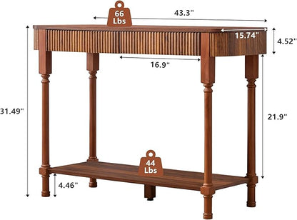 43.3'' Fluted Console Table for Entryway, Narrow Entryway Tables with 2 Wooden Drawers, Retro Sofa Table Behind Couch Accent Tables for Foyer, Living Room, Hallway (Walnut)