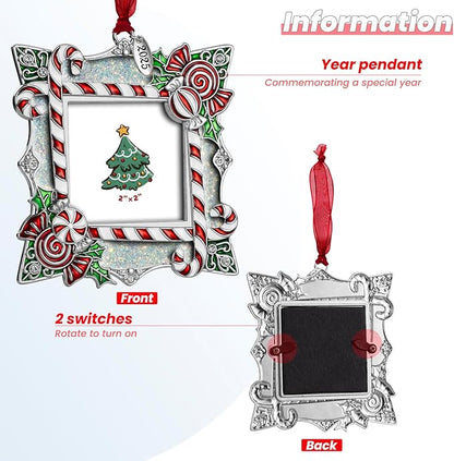 2025 Christmas Ornaments 2 inch Picture Frame Metal Hanging Pendant for Tree Small Decorative Keepsake, Display Photo for Baby and Pet (Candy Silver (2025))