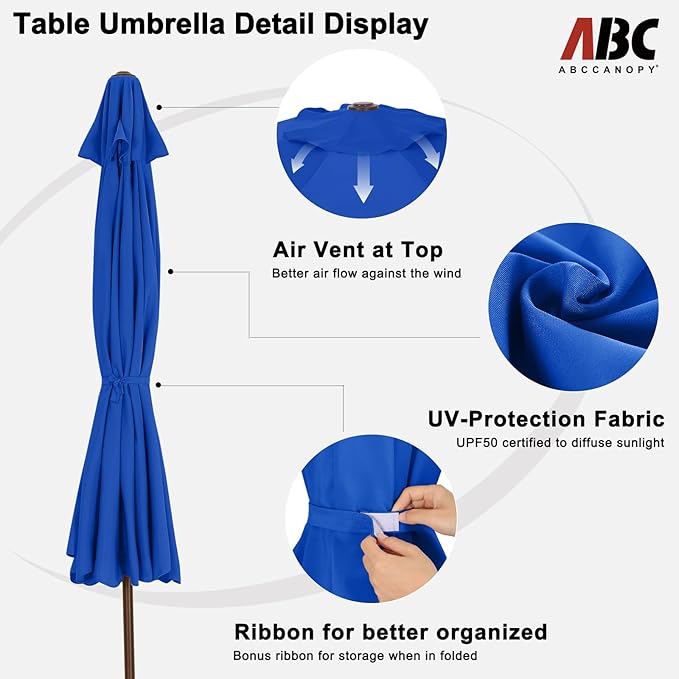 ABCCANOPY 10ft Scalloped Patio Umbrella, Outdoor Table Umbrella with Tilt and Crank, Fiberglass Ribs Deck Umbrella for Patio, Pool, Garden, Picnic (Blue)