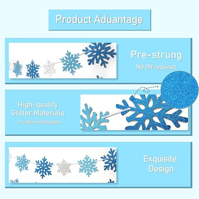 2Pack Silver Blue Snowflake Garland Winter Wonderland Decorations, Glitter Snowflake Banner for Boy Frozen Birthday Party Decorations and Christmas Baby Shower Party Supplies, No DIY.