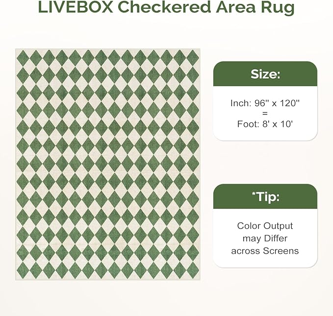 LIVEBOX Washable 8x10 Diamond Rugs for Living Room, Non-Slip Checkered Rug Soft Modern Neutral Geometric Plaid Area Rug for Bedroom, Large Farmhouse Carpet for Office Kids Room Classroom Dorm, Green