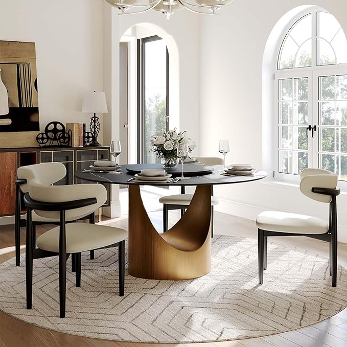 POVISON Round Dining Table with Lazy Susan for 4, 51" Matte Black Sintered Stone Top Dining Table with Bronze Carbon Steel Pedestal, Modern Dining Room Table for Kitchen, Living Room (Table Only)