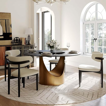 POVISON Round Dining Table with Lazy Susan for 4, 51" Matte Black Sintered Stone Top Dining Table with Bronze Carbon Steel Pedestal, Modern Dining Room Table for Kitchen, Living Room (Table Only)