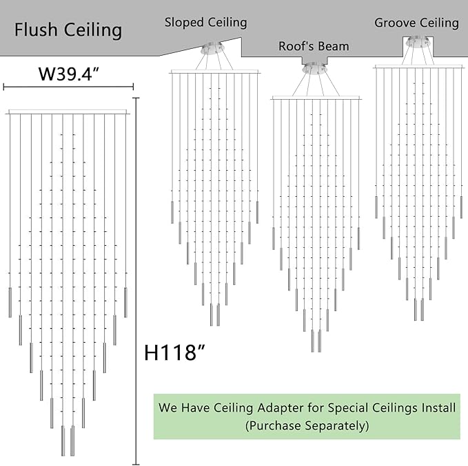 W40 x H120 Glam Chandelier with LED Bulbs Square Chandeliers, Crystal Raindrop High Ceiling Pendant Light for Entrance Large Villa Chandelier Foyer Lighting Fixtures Silver