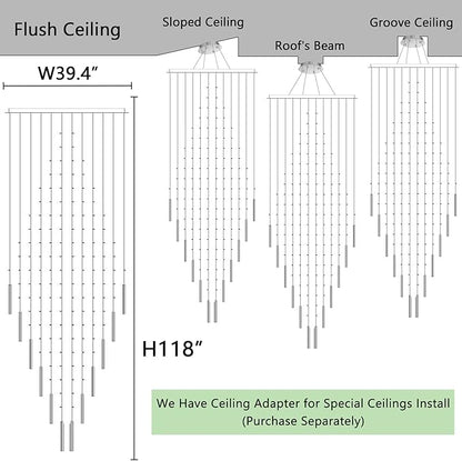 W40 x H120 Glam Chandelier with LED Bulbs Square Chandeliers, Crystal Raindrop High Ceiling Pendant Light for Entrance Large Villa Chandelier Foyer Lighting Fixtures Silver