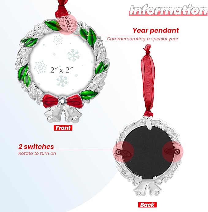 2025 Christmas Ornaments 2 inch Picture Frame Metal Hanging Pendant for Tree Small Decorative Keepsake, Display Photo for Baby and Pet (Wreath (2025))