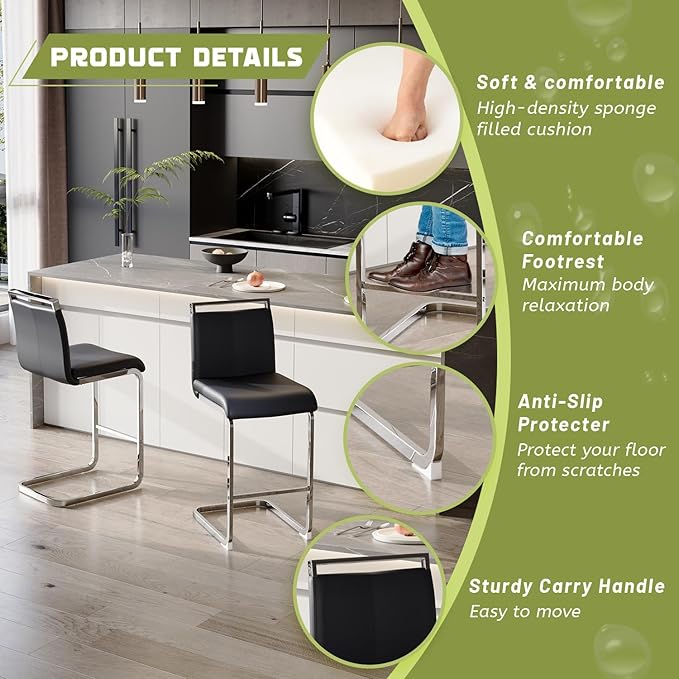 Bar Stools Set of 6,25" Counter Height Bar Stools with Footrest,Black Faux Leather Kitchen Stool with Chrome Plated Metal Leg,Counter Height Stool Ideal for Island Pub Kitchen Counter Dining Chair