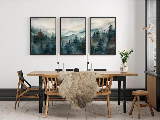Foggy Forest Wall Art Prints Watercolor Mountain Canvas Wall Decor Landscape Nature Poster Wall Art Abstract Tree Pictures Artwork Modern Painting for Living Room Bedroom 24x36 Inch Unframed Set of 3