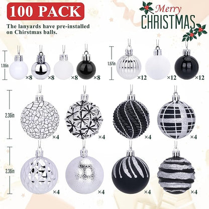 100ct Christmas Ball Ornaments Set, Black Silver and White Shatterproof Hand-Painted Hanging Baubles Decoration Bulk for Xmas Tree, Wreath, Garland, Home Holiday Decor