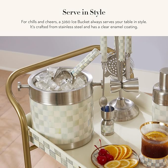 MACKENZIE-CHILDS 3260 Ice Bucket, Decorative Stainless-Steel Bucket and Ice-Cube Bin, Gray-and-White Sterling Check