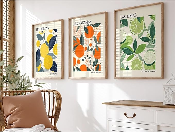 Fruit Market Wall Art Decor Kitchen Lemon Pictures Wall Art Fruit Botanical Prints Poster Orange Green Canvas Kitchen Artwork for Dining Room 12x16 Inch Unframed Set of 3