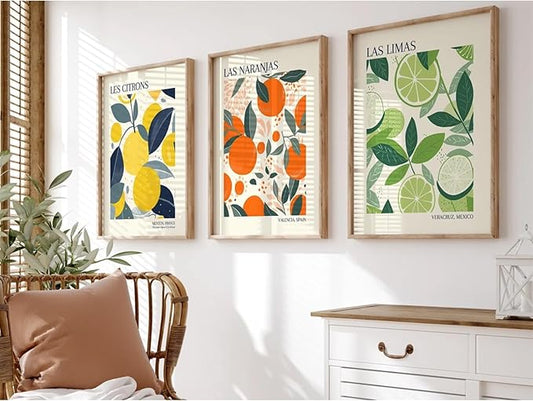 Fruit Market Wall Art Decor Kitchen Lemon Pictures Wall Art Fruit Botanical Prints Poster Orange Green Canvas Kitchen Artwork for Dining Room 16x24 Inch Unframed Set of 3