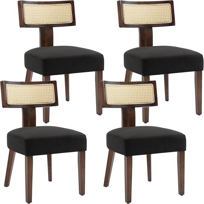 Upholstered Rattan Dining Chairs Set of 4, Mid-Century Modern Fabric Dining Room Chairs with Brown Hardwood Frame, Curved Backrest Kitchen Chairs for Living Room (Black)