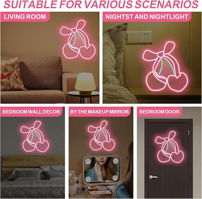 Pink Cherry Bow LED Neon Sign, Girly Heart Coquette Cherry Trendy Wall Art Neon Light Girl's Bedroom Home Dorm Salon Wall Decor for Kids Room,Restaurant,Bar,Fruit Shop,Home, Wedding Supplies