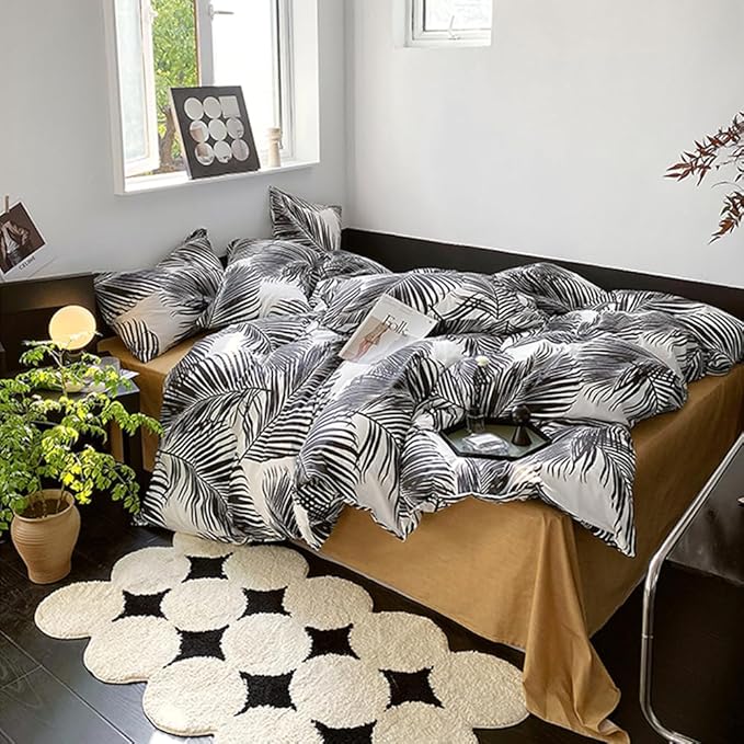 Pureant Boho Botanical Bedding Twin Comforter Set - Black and White Feather Quilts, Rustic Palm Leaves, Tropical Bohemian Black Floral Design