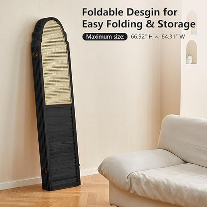 4 Panel Wood Room Divider, Folding Privacy Screen, Rattan Room Divider Wall, Foldable Wood Divider Wall, Portable Partition Screen Room Deco Divider for Room Separation Bedroom Garden (Black)