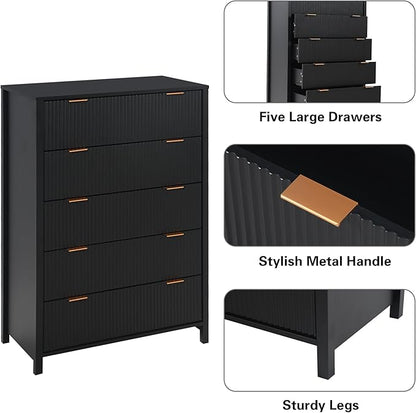 5 Drawer Dressers for Bedroom, Modern Closet Chest of Drawers with Waveform Fluted Panel, Large Wood Storage Dresser Organizer for Nursery Bedroom Living Room Hallway Closet, Black