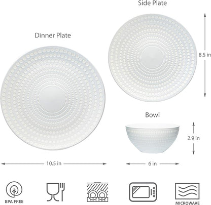 BZYOO Ceramic Dinnerware Set Serive for 4 (12 Pieces), Stoneware Plates and Bowls for Dining Pearl White Dishes Set With DOTDOT Design, Microwave Safe (12 PCS Dishes and Bow set, Bijou Collection)