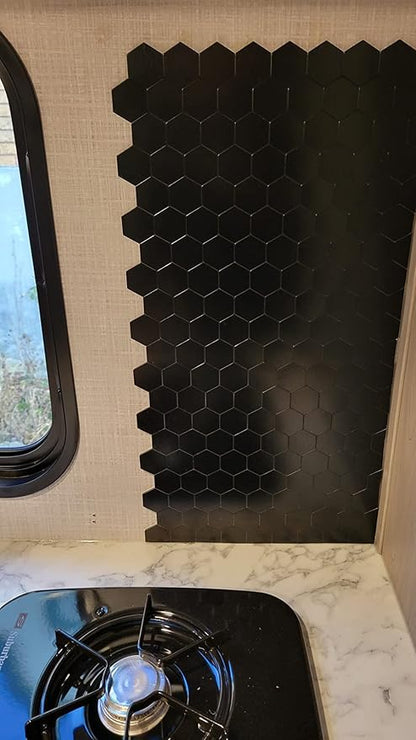 12-Sheet Peel and Stick Backsplash Tile, Hexagon Black Brushed Aluminum Texture Panel Self-Adhesive Mosaic Tiles for Kitchen Bathroom Fireplace