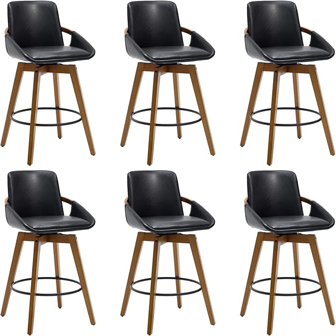 Mid-Century Swivel Bar Stools Set of 6, 26.5 inch Counter Height Barstools PU Leather Bar Chairs with Wooden Frame for Kitchen Island Dining Room, Black
