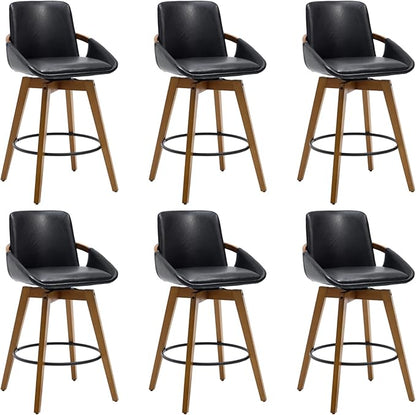 Mid-Century Swivel Bar Stools Set of 6, 26.5 inch Counter Height Barstools PU Leather Bar Chairs with Wooden Frame for Kitchen Island Dining Room, Black