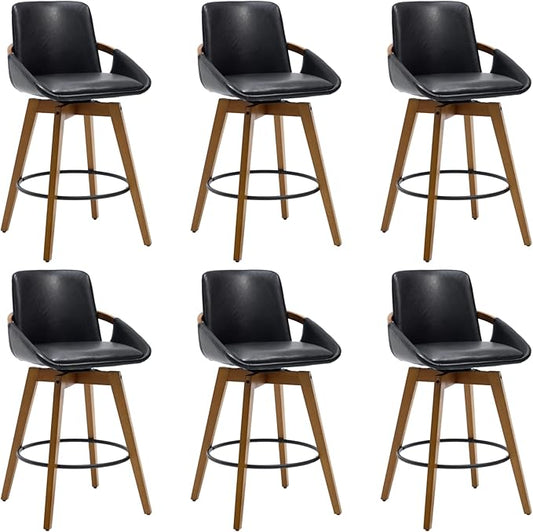 Mid-Century Swivel Bar Stools Set of 6, 26.5 inch Counter Height Barstools PU Leather Bar Chairs with Wooden Frame for Kitchen Island Dining Room, Black