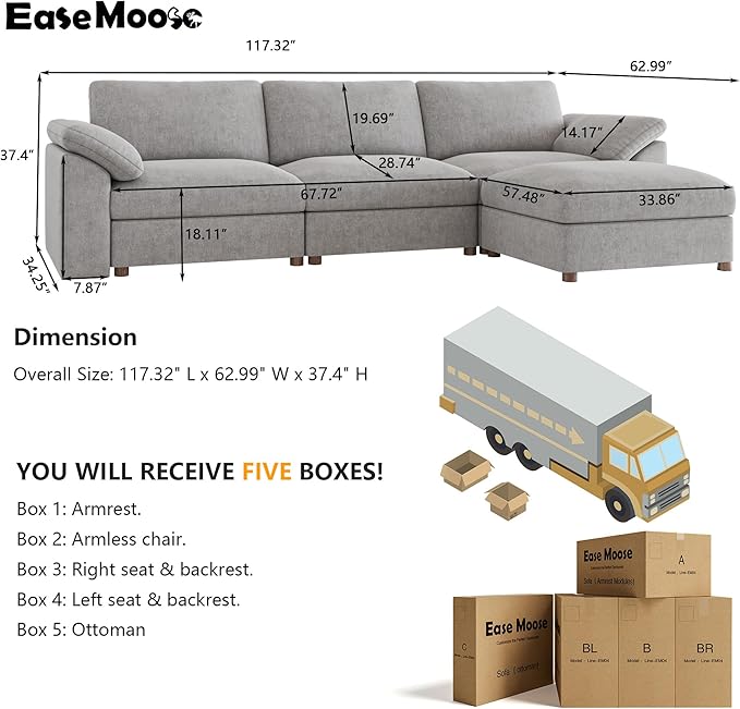 EASE MOOSE Oversized Modular Sectional Sofa with Ottoman,L Shape Sectional Modular Couch Wide Deep seat Sofa,FSC Certified Chenille Couch,Grey