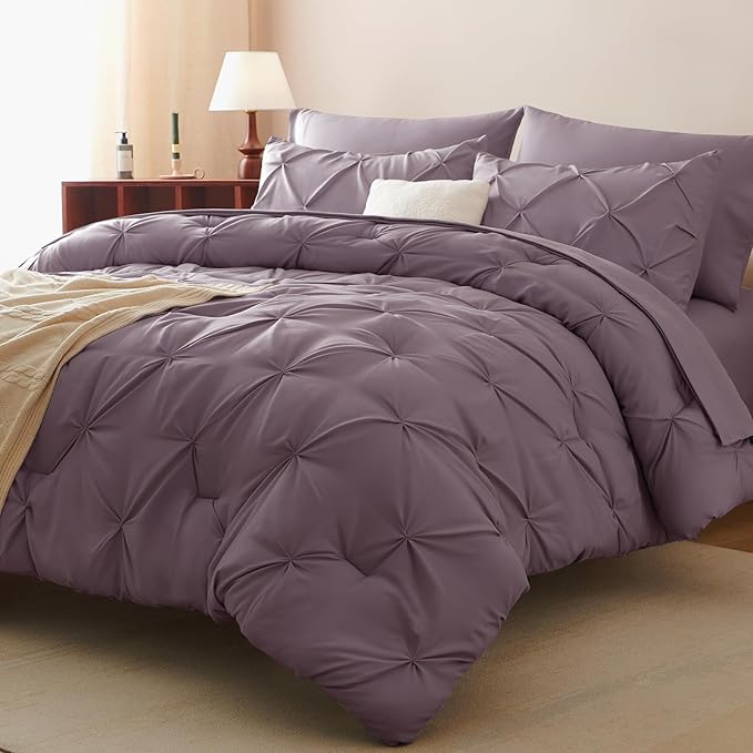 CozyLux Full Size Comforter Sets Grayish Purple, 7 Pieces Bed in A Bag Purple Comforter Full Size, Pinch Pleat Bedding Sets with All Season Comforter, Sheets, Pillowcases & Shams