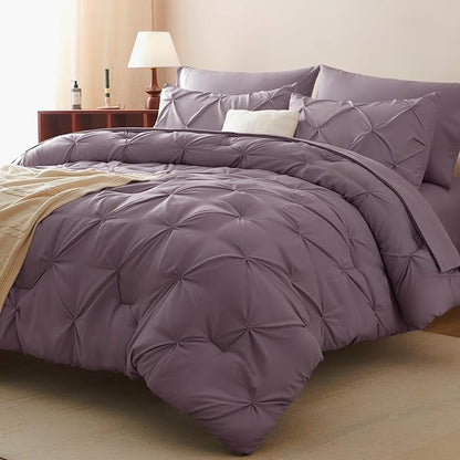 CozyLux Full Size Comforter Sets Grayish Purple, 7 Pieces Bed in A Bag Purple Comforter Full Size, Pinch Pleat Bedding Sets with All Season Comforter, Sheets, Pillowcases & Shams