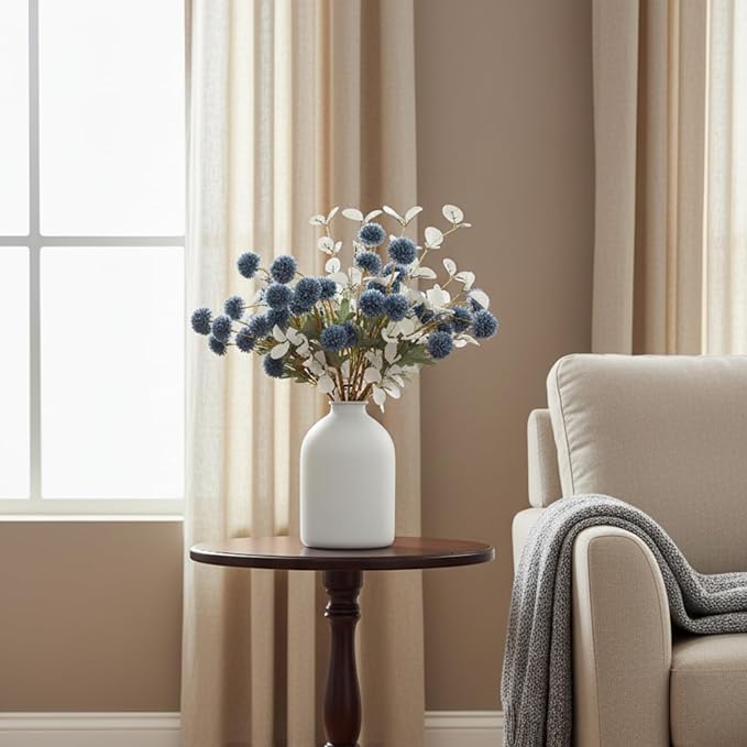 Faux Dusty Blue Flowers, Blue and White Floral Stems for Centerpieces, Fake Mums Artificial Flowers, Flores Azules Artificiales para Decoracion, Long Stems for Vases, DIY Silk Floral Arrangements
