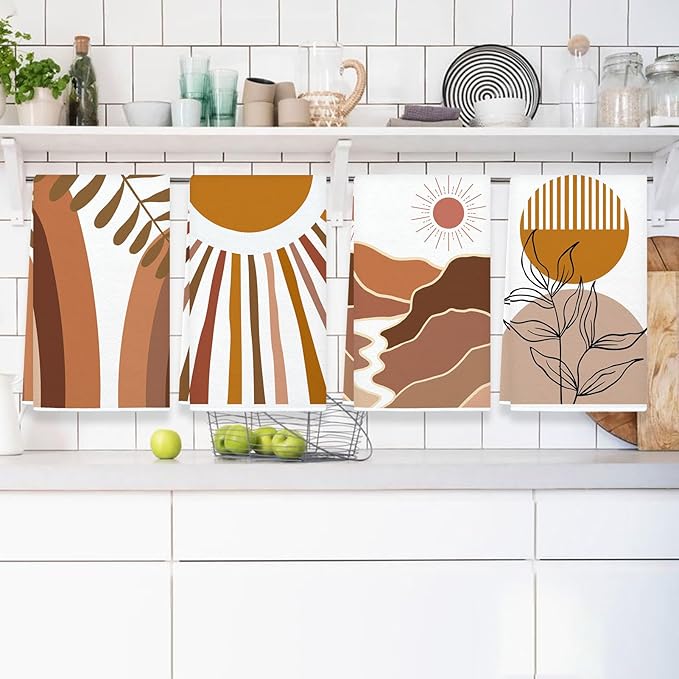 Boho Dish Towels Set of 2 Mountains Rivers Sun Kitchen Tea Towels, Mountain