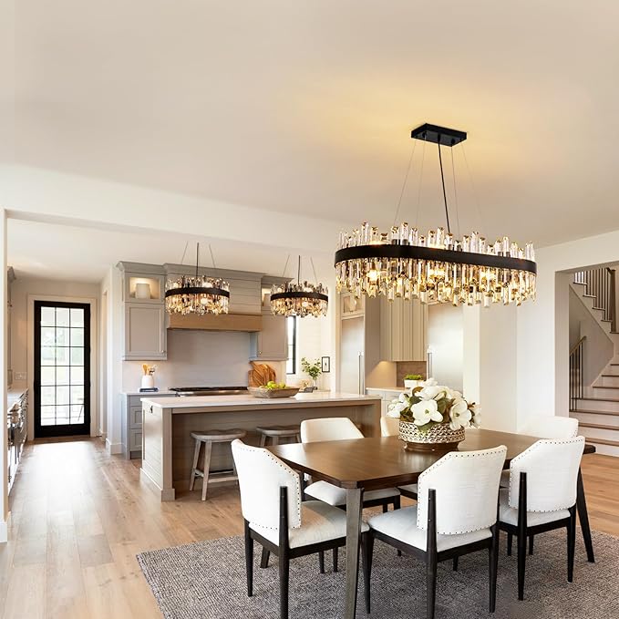 Siljoy Modern Crystal Chandelier for Dining Room, 16-Light Black Oval 2-Tiers Crystal Raindrop Chandelier, Farmhouse Dimmable Crystal Pendant Ceiling Light for Living Room Kitchen Island L35.4''