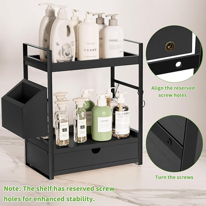 2-Tier Bathroom Counter Organizer with Drawer and Basket, Wood Countertop Organizer for Storage, Skincare Organizers for Vanity, Counter Shelf for Bathroom Organization, Black