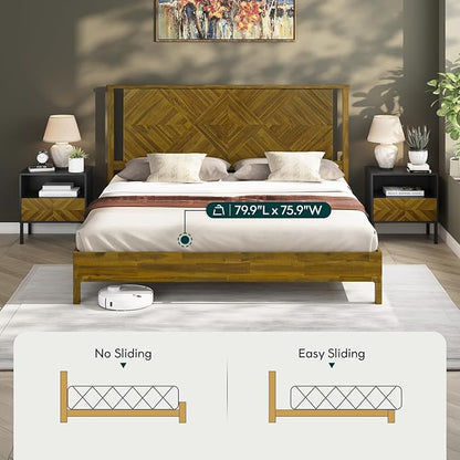 Bme Ethan Solid Wood Queen Bed Frame with Diamond Headboard - Rustic & Mid-century Modern - Acacia Wood Platform Bed - Compatible with All Mattresses - No Box Spring Needed - Rustic Brown