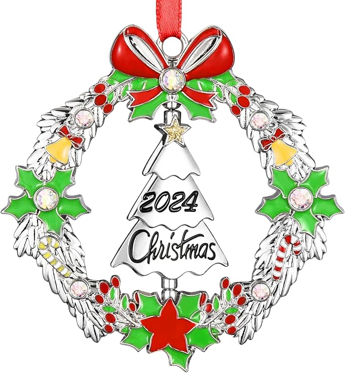 Christmas Ornament 2024 Decoration for Christmas Tree Hanging Metal Christmas Wreath with Rotatable Tree Dated 2024 Shiny Silver Ornaments Holiday Decorative Xmas Gifts for Family Friends