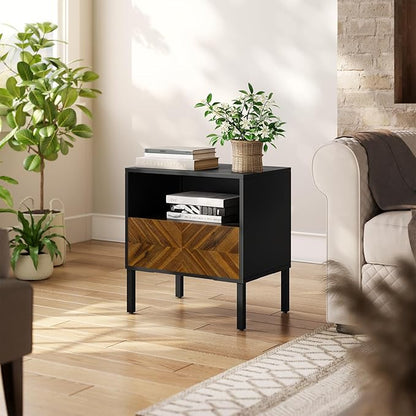 Bme Vivian Side Tables Bedroom, Solid Wood Bed Side Table, Mid Century Modern End Table with Drawer, Herringbone Pattern, Compact for Bedroom & Living Room, Easy Assembly, Chestnut