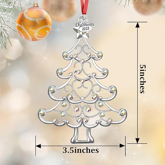 Christmas Ornaments 2025 Decorations for Christmas Tree, Metal Hanging Rhinestones Christmas Tree Decorations Indoor, Glitter Crafts Xmas Decors Annual Keepsake Gifts for Family Friends Holidays Home