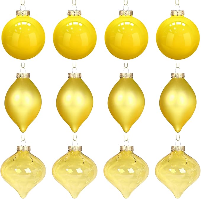 Zomiboo 12 Pcs Yellow Glass Christmas Ball Ornaments Set 3.15" Hanging Shatterproof Glass Bulbs for Christmas Tree Baubles Bulk for Holiday Xmas Tree Decorations Gifts